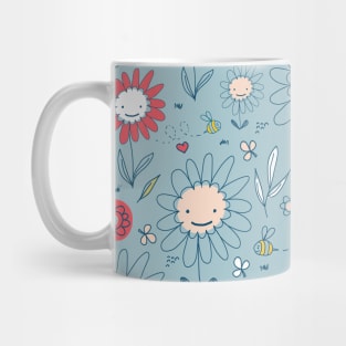 Happy Doodle Flowers Blue Mug